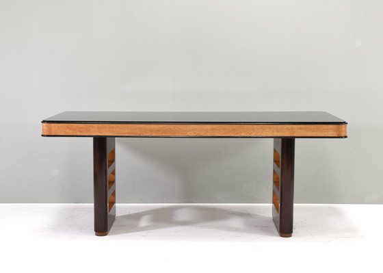 Image 1 of BORSANI Art-Deco Dining table / Desk in Burl wood / Walnut and Glass – Italy, circa 1950