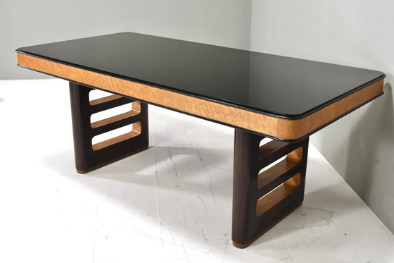 Image 1 of BORSANI Art-Deco Dining table / Desk in Burl wood / Walnut and Glass – Italy, circa 1950