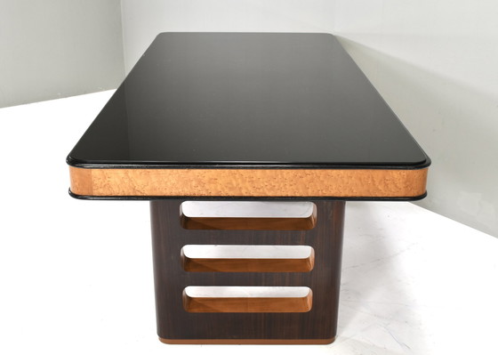 Image 1 of BORSANI Art-Deco Dining table / Desk in Burl wood / Walnut and Glass – Italy, circa 1950