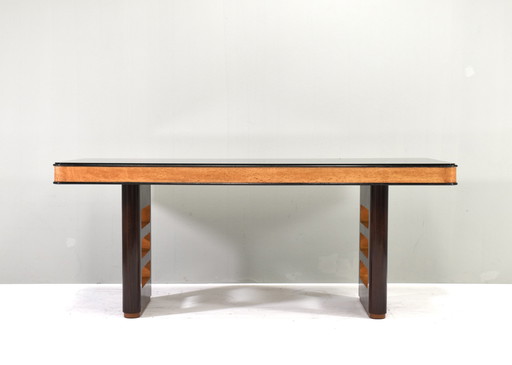 BORSANI Table de salle à manger / Bureau Art-Déco en Ronce / Noyer et Verre - Italie, circa 1950