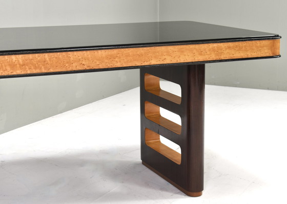 Image 1 of BORSANI Art-Deco Dining table / Desk in Burl wood / Walnut and Glass – Italy, circa 1950