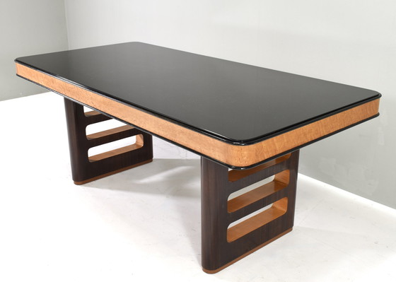 Image 1 of BORSANI Art-Deco Dining table / Desk in Burl wood / Walnut and Glass – Italy, circa 1950