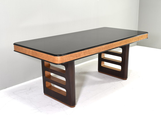 Image 1 of BORSANI Art-Deco Dining table / Desk in Burl wood / Walnut and Glass – Italy, circa 1950