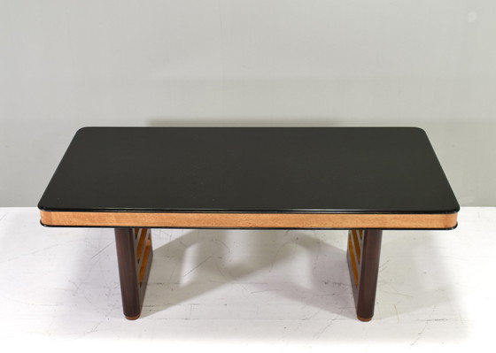 Image 1 of BORSANI Art-Deco Dining table / Desk in Burl wood / Walnut and Glass – Italy, circa 1950