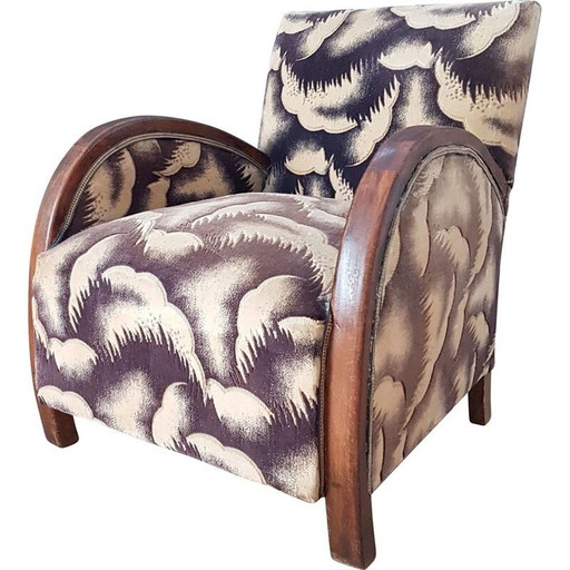 Vintage Art Deco Wood and Velour Lounge Armchair, French 1930s