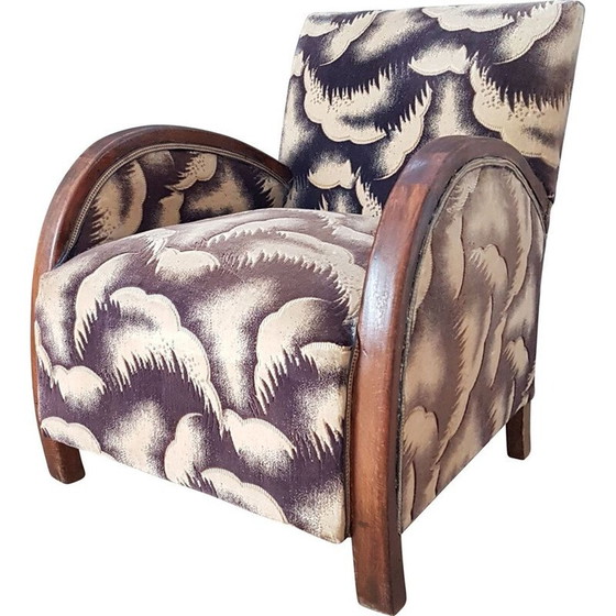 Image 1 of Vintage Art Deco Wood and Velour Lounge Armchair, French 1930s