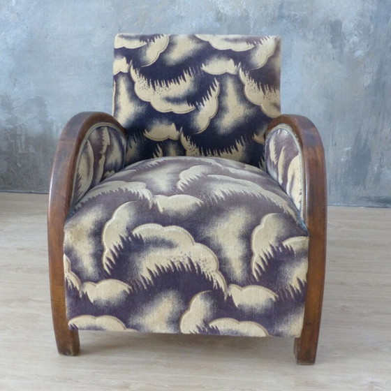 Image 1 of Vintage Art Deco Wood and Velour Lounge Armchair, French 1930s
