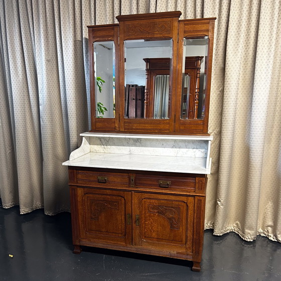 Image 1 of Antique mirror sideboard Art Nouveau marble top oak