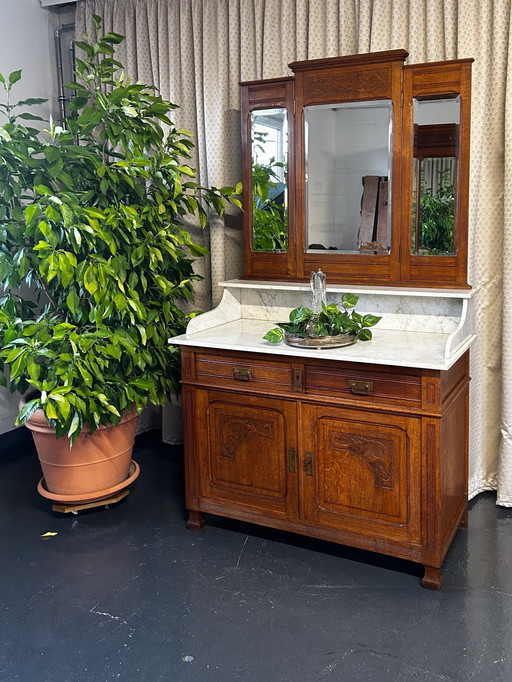 Antique mirror sideboard Art Nouveau marble top oak