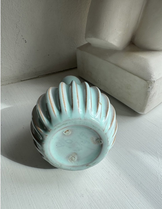 Image 1 of Vintage Swedish Ceramic Vase Relief, Handmade, 60S, Turquise Collectable