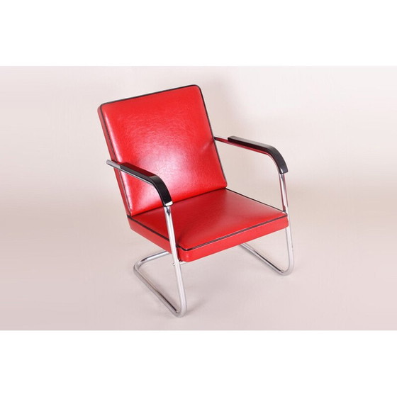 Image 1 of Vintage red leather armchair by Anton Lorenz for Thonet, Germany 1930s