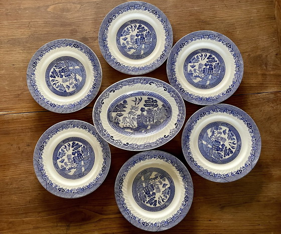 Image 1 of Servizio di Willow Barrett'S Of Staffordshire degli anni '70, decorazioni giapponesi blu e bianche