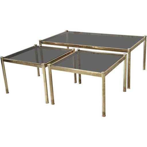 Set of 3 vintage minimalist coffee tables in brass, Italy 1970