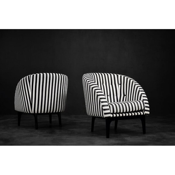 Image 1 of Pair of vintage Scandinavian rounded armchairs with black and white stripes, 1960s