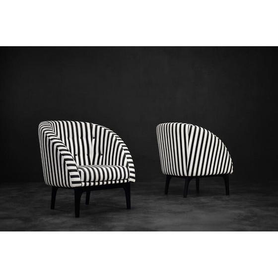 Image 1 of Pair of vintage Scandinavian rounded armchairs with black and white stripes, 1960s
