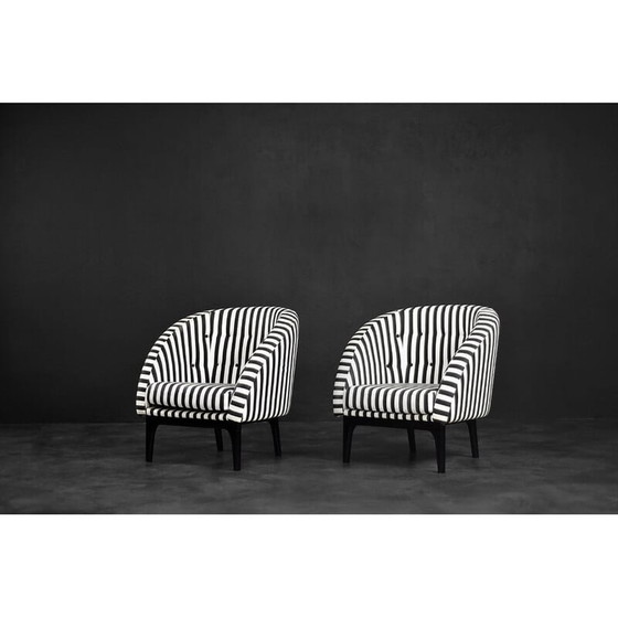 Image 1 of Pair of vintage Scandinavian rounded armchairs with black and white stripes, 1960s