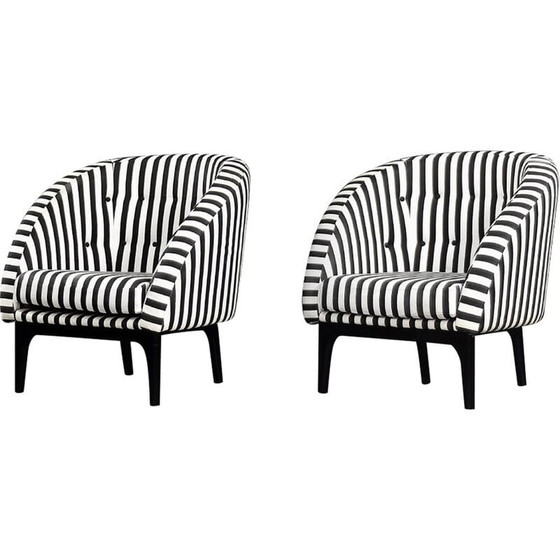 Image 1 of Pair of vintage Scandinavian rounded armchairs with black and white stripes, 1960s
