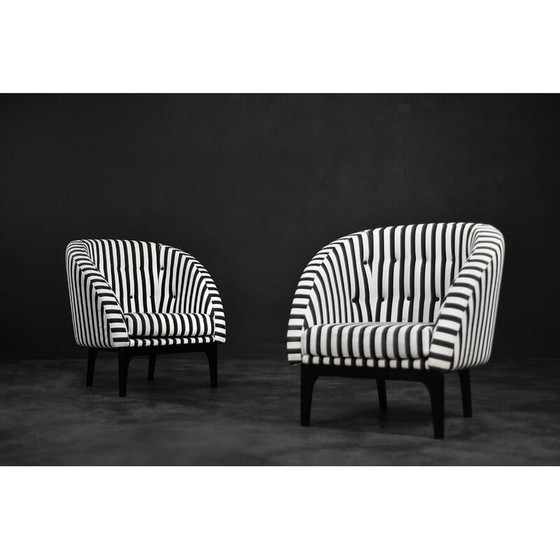 Image 1 of Pair of vintage Scandinavian rounded armchairs with black and white stripes, 1960s
