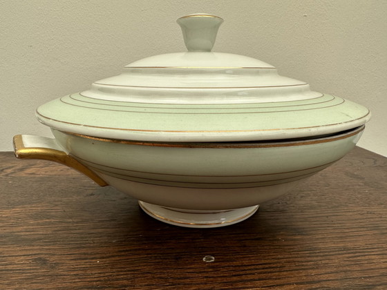 Image 1 of Légumier Art-Deco vert d' eau - Lisérert Or - A. Lanternier & Co Limoges