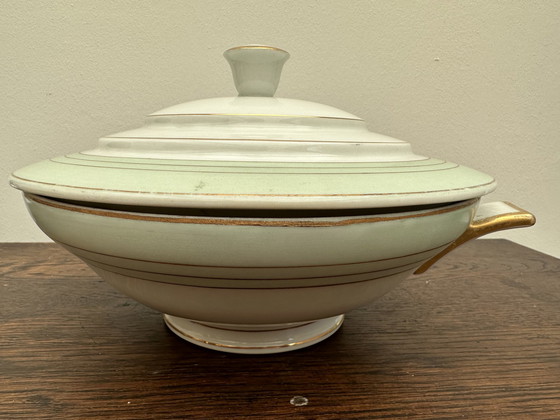 Image 1 of Légumier Art-Deco vert d' eau - Lisérert Or - A. Lanternier & Co Limoges