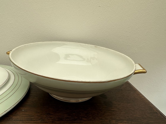 Image 1 of Légumier Art-Deco vert d' eau - Lisérert Or - A. Lanternier & Co Limoges