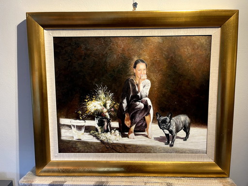 Lin Jin Chun - girl with French bulldog by