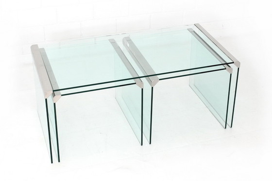 Image 1 of Gallotti & Radice T35 R Coffee Table Set, nesting tables, Italy 1975, stainless steel + crystal glass