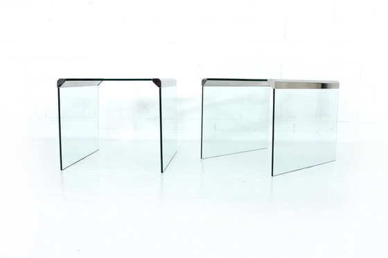 Image 1 of Gallotti & Radice T35 R Coffee Table Set, nesting tables, Italy 1975, stainless steel + crystal glass