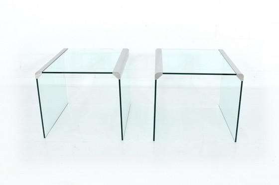 Image 1 of Gallotti & Radice T35 R Coffee Table Set, nesting tables, Italy 1975, stainless steel + crystal glass