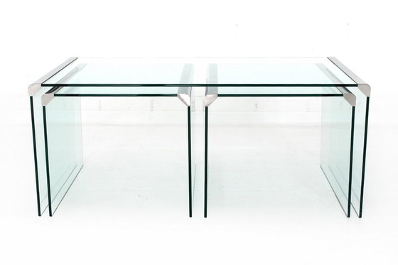 Image 1 of Gallotti & Radice T35 R Coffee Table Set, Tables de salon, Italie 1975, acier inoxydable + verre cristal