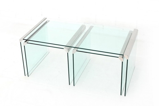 Image 1 of Gallotti & Radice T35 R Coffee Table Set, nesting tables, Italy 1975, stainless steel + crystal glass