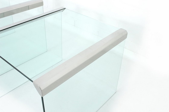 Image 1 of Gallotti & Radice T35 R Coffee Table Set, nesting tables, Italy 1975, stainless steel + crystal glass