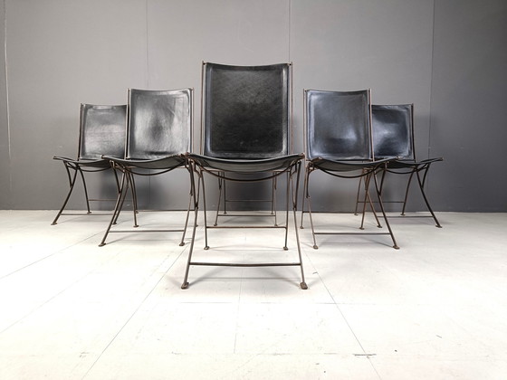 Image 1 of Mid Century French Leather Foldable Chairs, 1960S