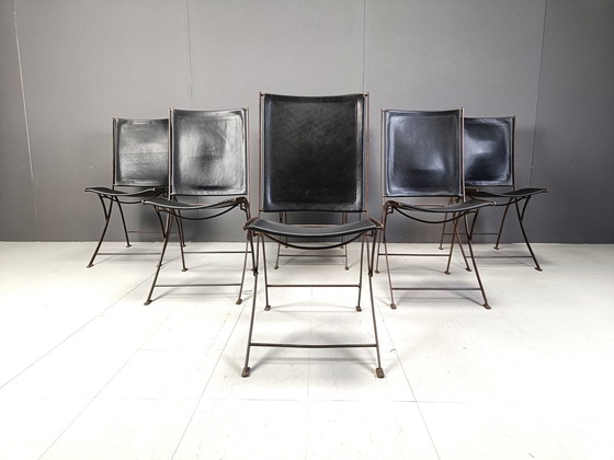 Image 1 of Mid Century French Leather Foldable Chairs, 1960S