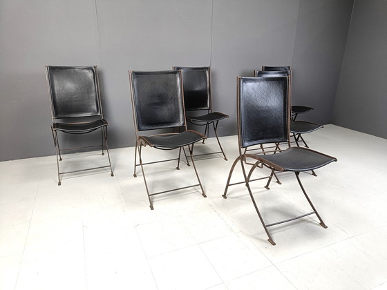 Image 1 of Mid Century French Leather Foldable Chairs, 1960S