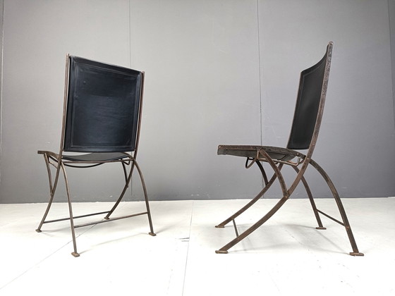 Image 1 of Mid Century French Leather Foldable Chairs, 1960S