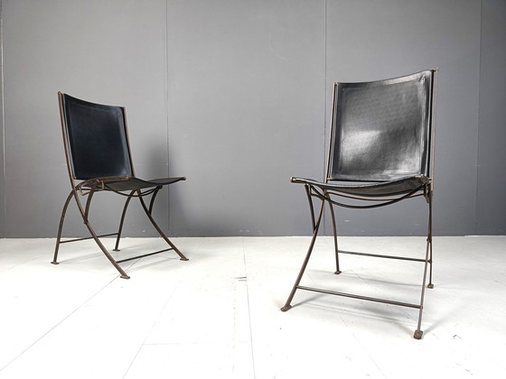 Image 1 of Mid Century French Leather Foldable Chairs, 1960S