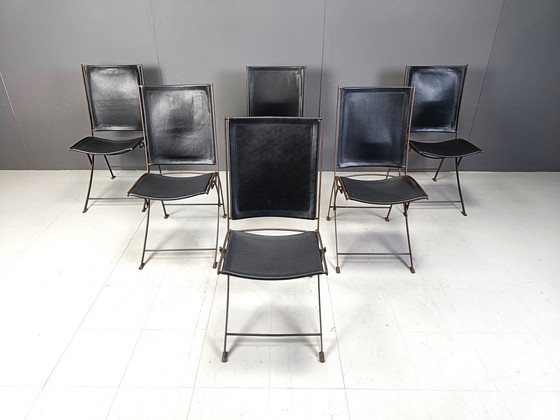 Image 1 of Mid Century French Leather Foldable Chairs, 1960S