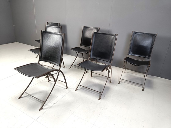 Image 1 of Mid Century French Leather Foldable Chairs, 1960S