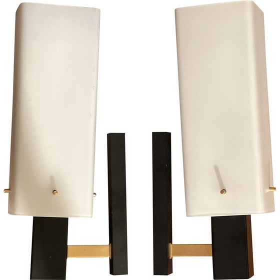 Image 1 of Pair of vintage metal and opaline sconces by Arlus, 1950