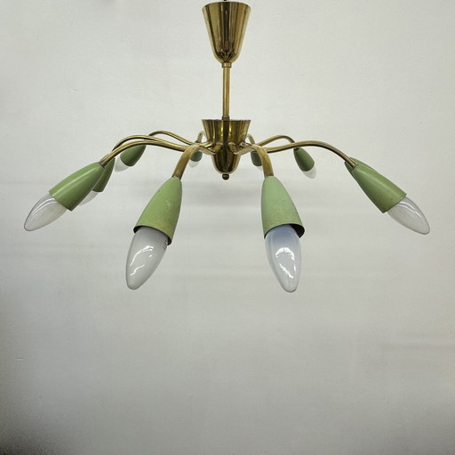 1950s ceiling lamp spider copper with green shades