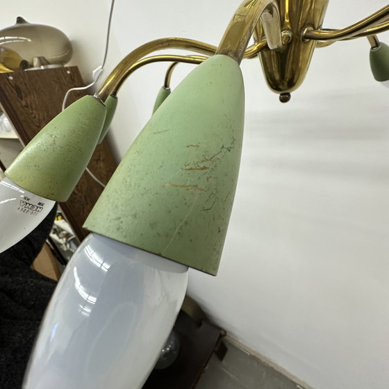 Image 1 of 1950s ceiling lamp spider copper with green shades