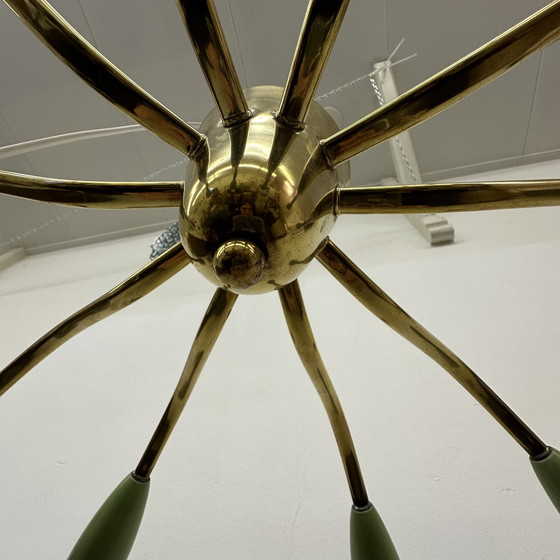 Image 1 of 1950s ceiling lamp spider copper with green shades