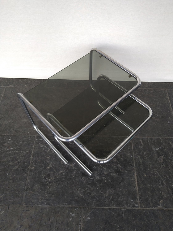 Image 1 of 2 side tables in chrome and smoked glass