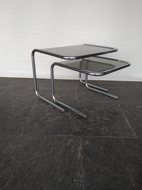 Image 1 of 2 side tables in chrome and smoked glass