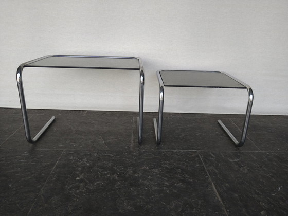 Image 1 of 2 side tables in chrome and smoked glass