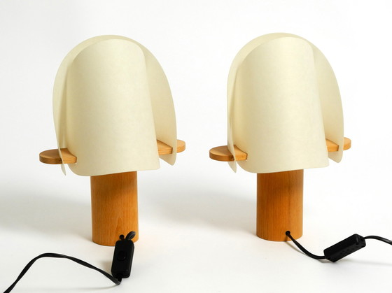 Image 1 of Two charming minimalistic oak table lamps with Lunopal shades by Domus | 1980s