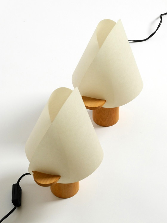 Image 1 of Two charming minimalistic oak table lamps with Lunopal shades by Domus | 1980s