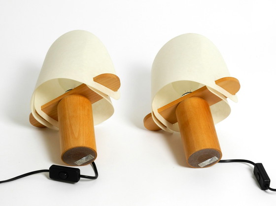 Image 1 of Two charming minimalistic oak table lamps with Lunopal shades by Domus | 1980s