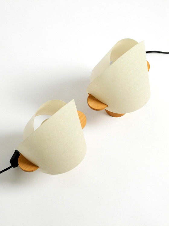 Image 1 of Two charming minimalistic oak table lamps with Lunopal shades by Domus | 1980s